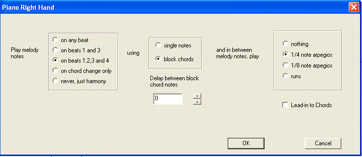 Popup screen to set up piano right hand accompaniment.